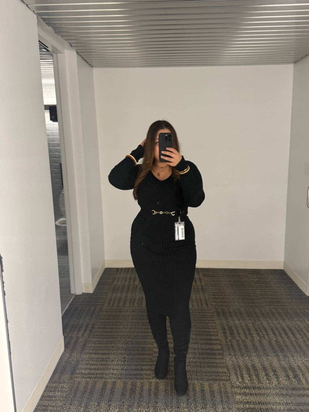 Fashion Nova Black Ribbed Sweater Dress with Gold Chain Detail